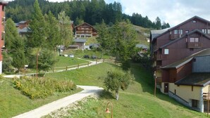 A residential area with a dirt path, houses, and a forested hill in the background.