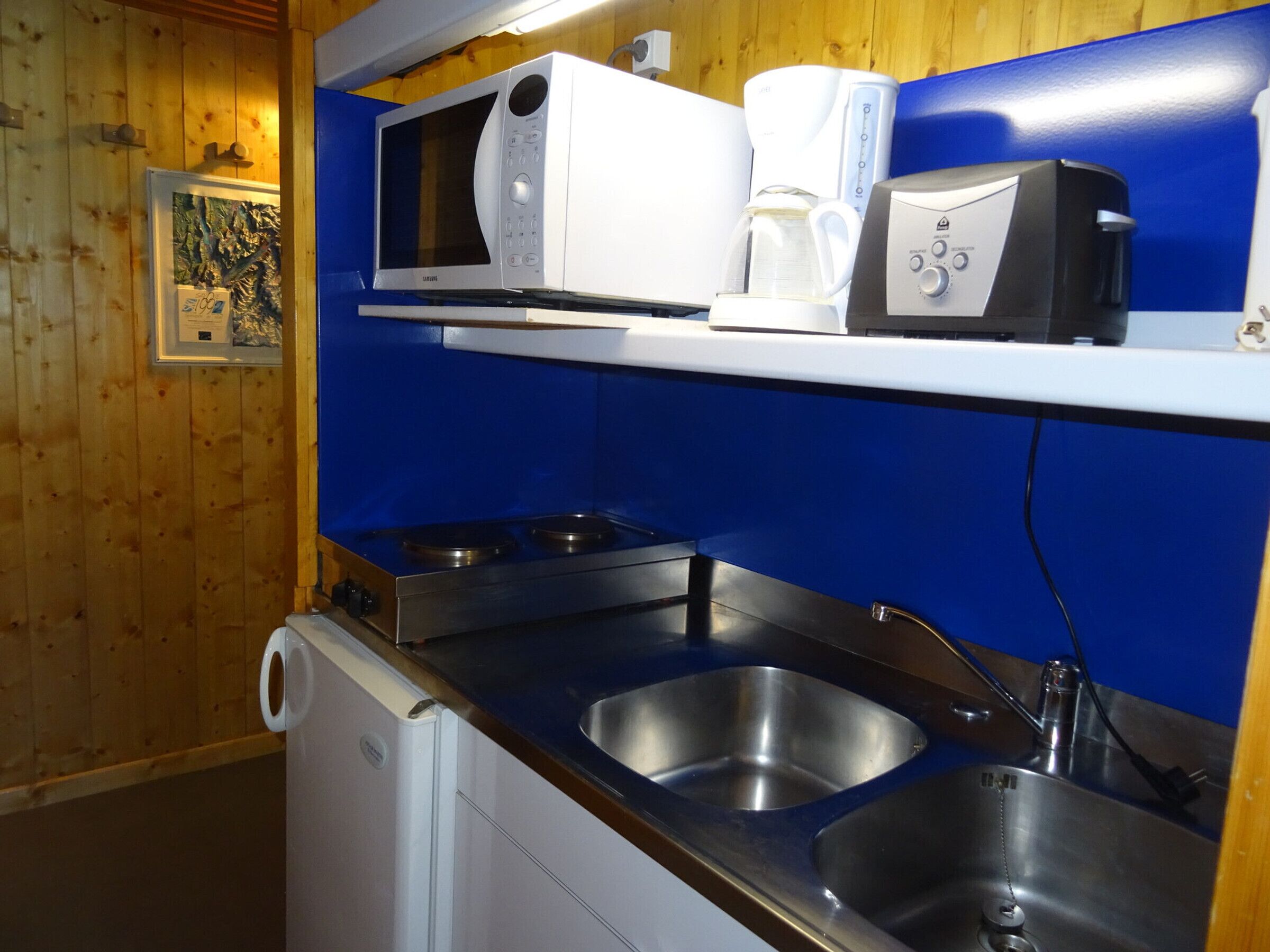 Fridge, microwave, coffee/tea maker, toaster