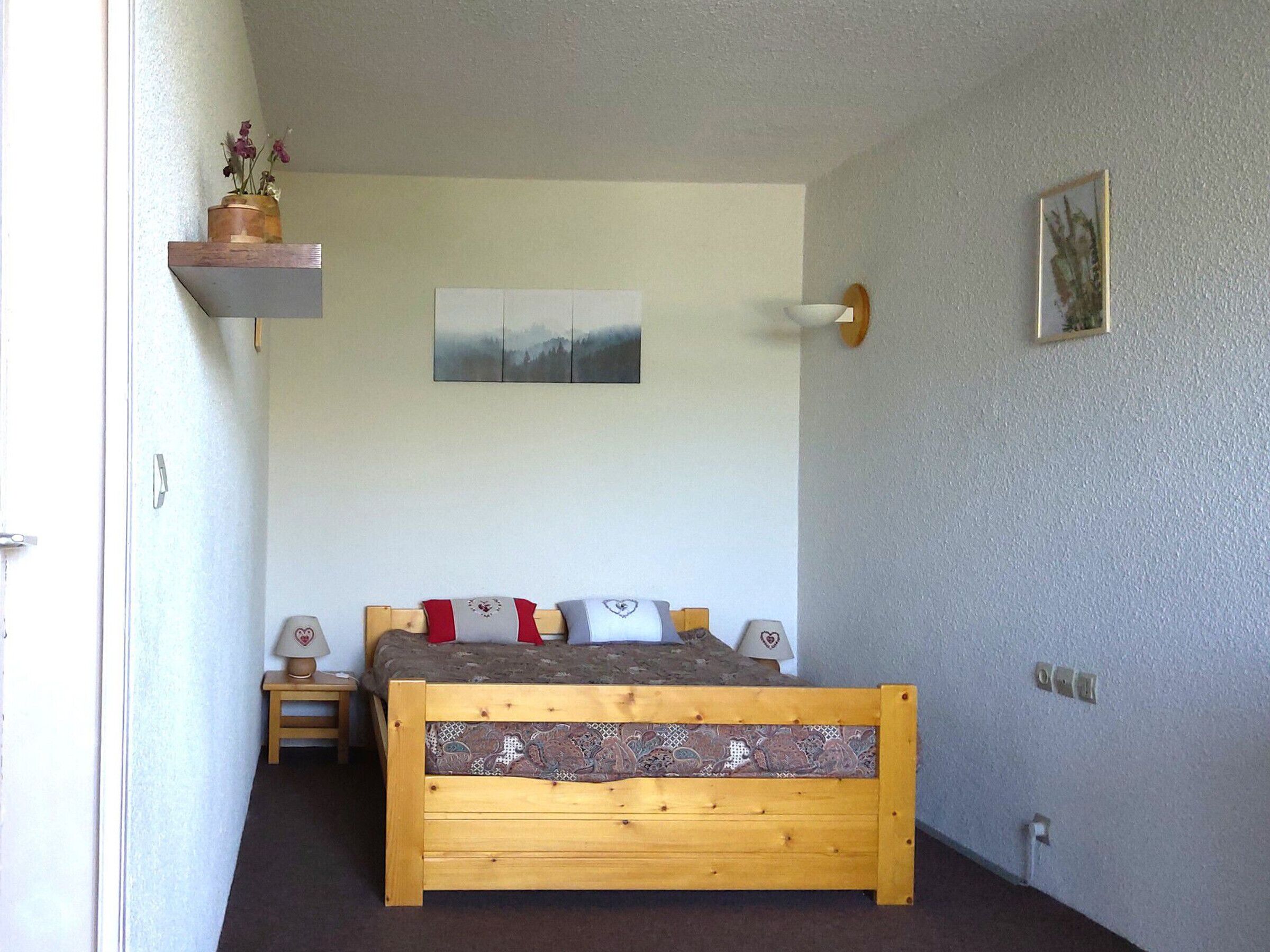 Een slaapkamer met een houten bed, een nachtkastje, een wandplank met een potplant en een lijst aan de muur.