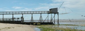 Una playa con un muelle de madera, redes de pesca y un pequeño edificio de madera.