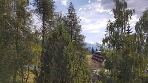 A view of a building surrounded by tall evergreen trees, with a clear sky and distant mountains. - Large studio for 4 at Arc 1600 with wifi and pets allowed (Les Arcs 1600)