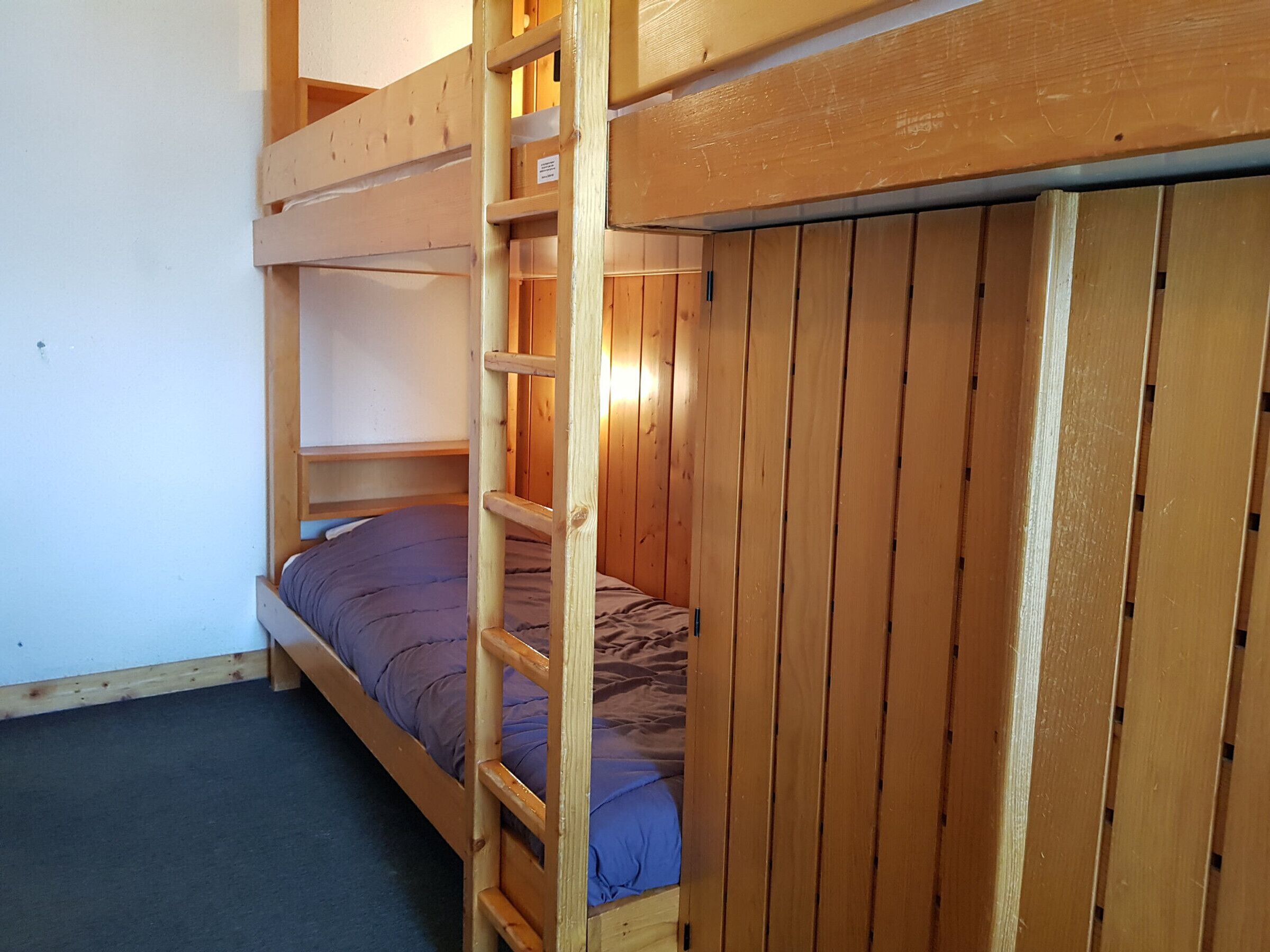 A bunk bed room with a wooden ladder and a single bed with a blue mattress.