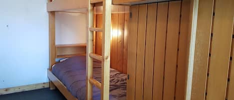 A bunk bed room with a wooden ladder and a single bed with a blue mattress.
