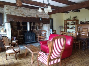 TV, fireplace, books, stereo