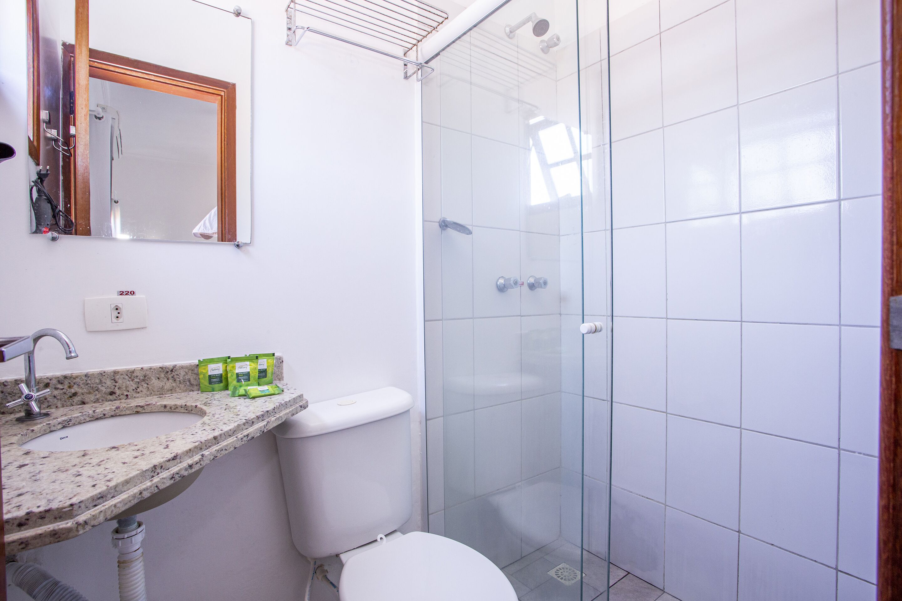 Een badkamer met een wastafelblad van graniet, een wit toilet, een douchecabine van glas en een spiegel met houten lijst.