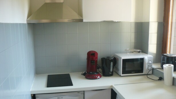 A compact kitchen with a dishwasher, a red coffee maker, a microwave, and a roll of paper towels. - Nice T1 Bis ideally located, parking, wifi and garden (Thonon-les-Bains)