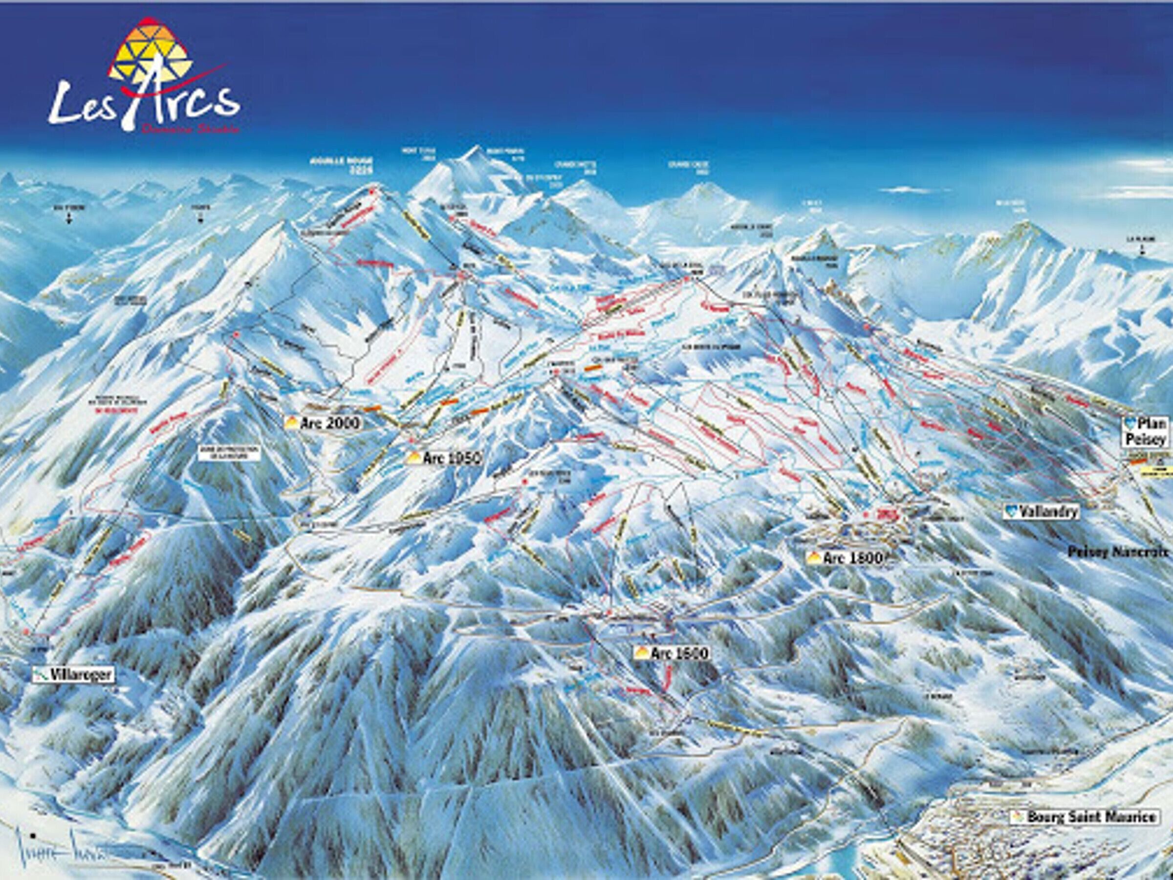 Une carte détaillée de la station de ski des Arcs, indiquant les pistes et les sentiers de ski.