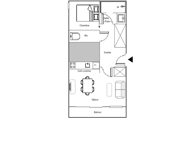 A floor plan of a hotel room with a bedroom, bathroom, kitchenette, and balcony.