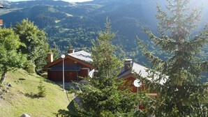 A mountain cabin with a sloped roof, surrounded by lush greenery and a view of distant mountains.