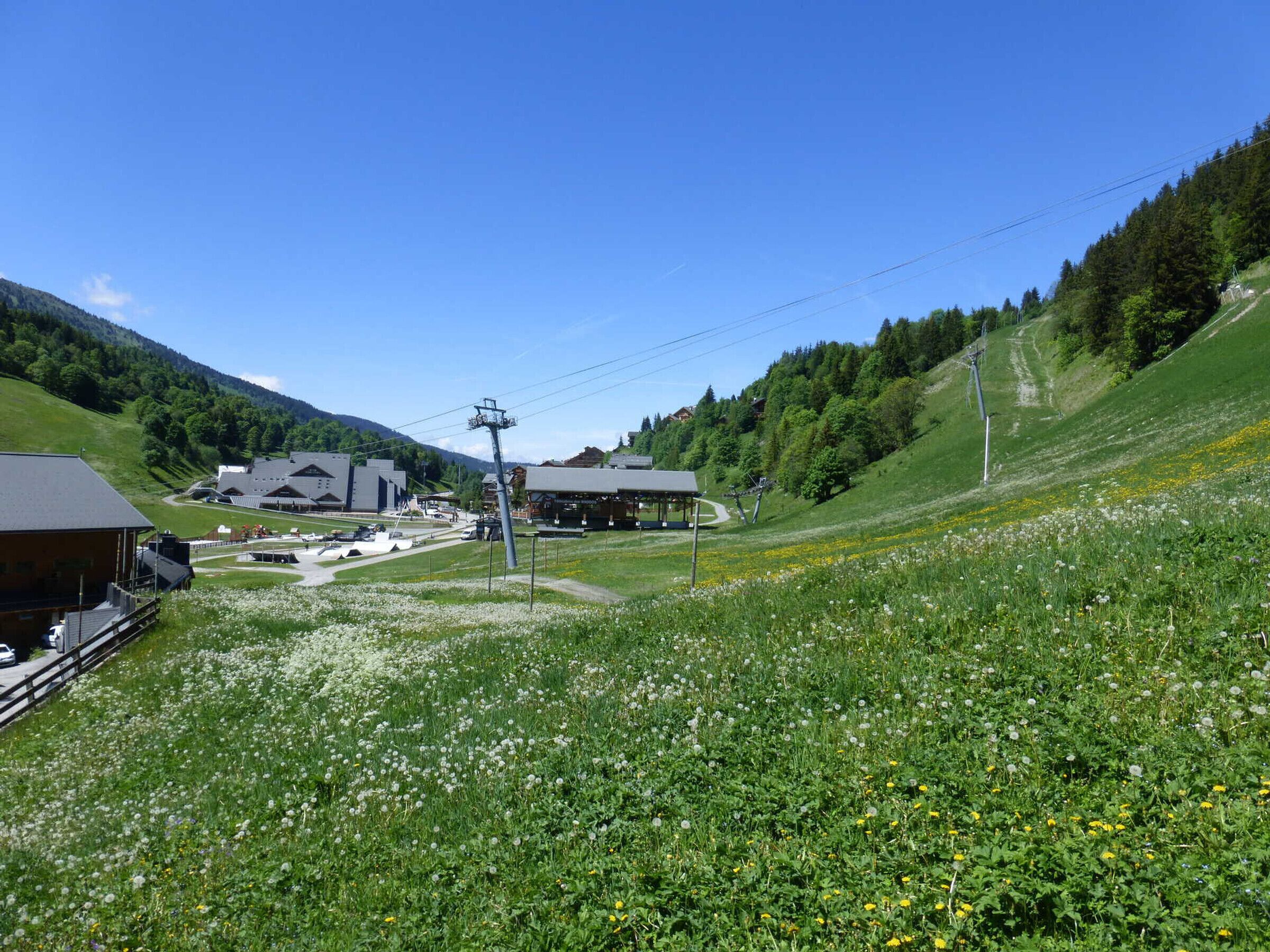 A mountain lodge with a covered outdoor seating area, a ski lift, and a road leading to the buildings.