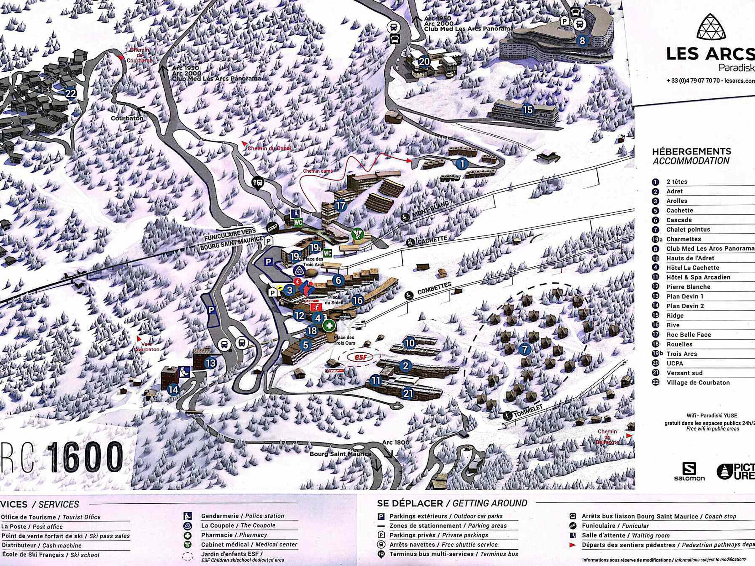 Eine Skigebietskarte mit eingezeichneten Orten, darunter Skilifte, Unterkünfte und Annehmlichkeiten.