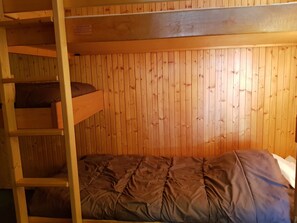 Een slaapkamer met stapelbedden, houten wanden en een bord met waarschuwingen over brandveiligheid.