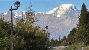 A mountain road with snow-capped peaks in the background, surrounded by trees and street lamps. - Duplex apartment 3 rooms, 6 pers., in Vallandry, pets allowed (Peisey-Vallandry)