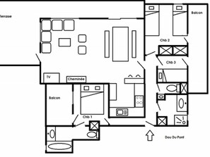 A hotel layout with multiple balconies, a TV in the lobby, and a central hallway leading to various rooms.