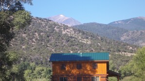 A log cabin with a green roof, surrounded by a forested hillside and a mountain in the background. - Post Office Ranch  Log Cabin - rates subject to change for groups over 2 people (Salida)