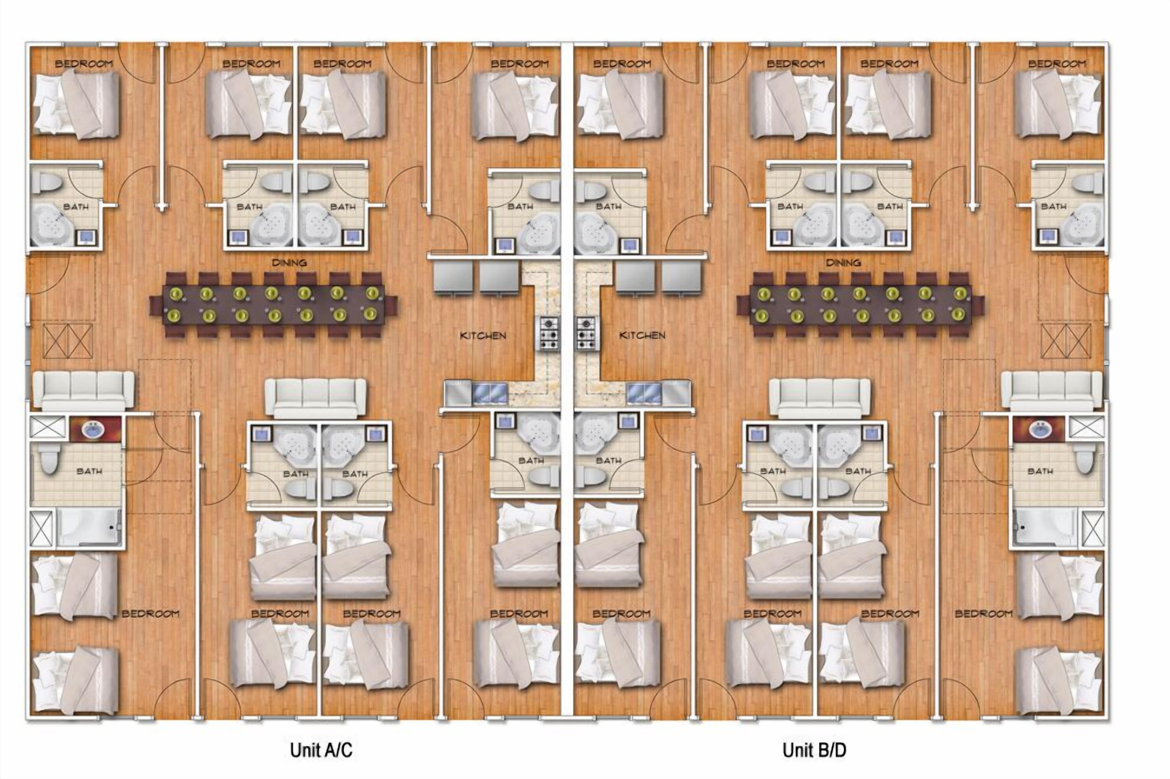 A hotel layout with multiple bedrooms, bathrooms, a dining area, and a kitchen.