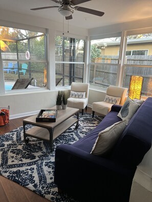 Smart TV, fireplace, books