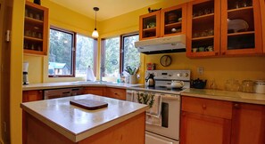 Fridge, microwave, oven, stovetop - Parksville Errington Hobos Pond Getaway-Pet friendly Barbecue Laundry AC Parking (Errington)