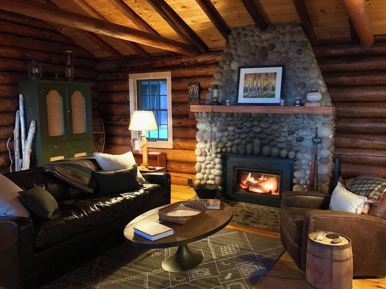 Smart TV, fireplace, books, stereo