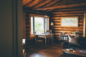 Smart TV, fireplace, books, stereo