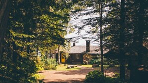 Una cabaña con chimenea de piedra, rodeada de un bosque denso.