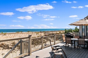 Outdoor dining - Stunning Oceanfront Home on Quiet Lane with Bay and Ocean Views. Hot tub! (Beach Haven)