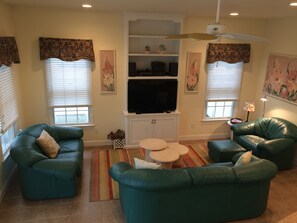 Smart TV, DVD player, books, video library