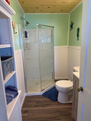 A bathroom with a glass shower enclosure, a toilet, and a wooden vanity.