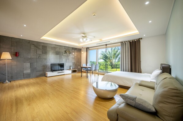 48-inch flat-screen TV with cable channels, TV