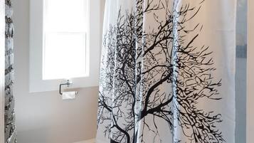 Combined shower/tub, hair dryer, towels, soap