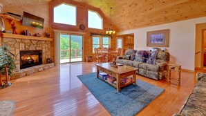 TV, fireplace, DVD player, books - Pet-Friendly Modern Cabin w/ Hot Tub, Mountain Views + Biltmore Pass (Waynesville)