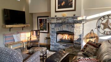 TV connectée, cheminée, lecteur de DVD, chaßne hi-fi