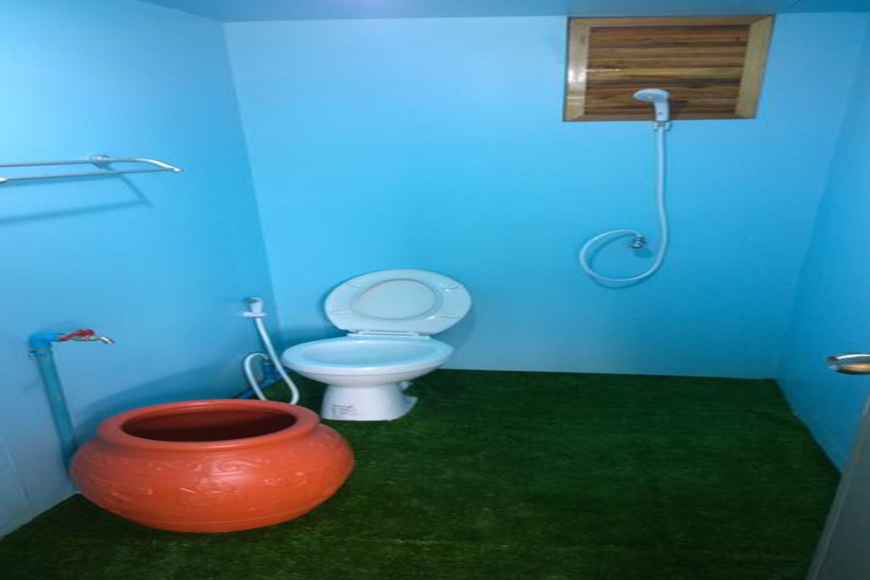 A bathroom with a blue wall, a white toilet, a shower, and a green floor.
