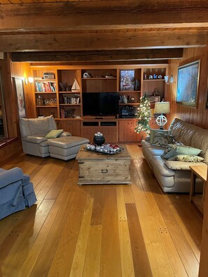 Smart TV, fireplace, DVD player, books