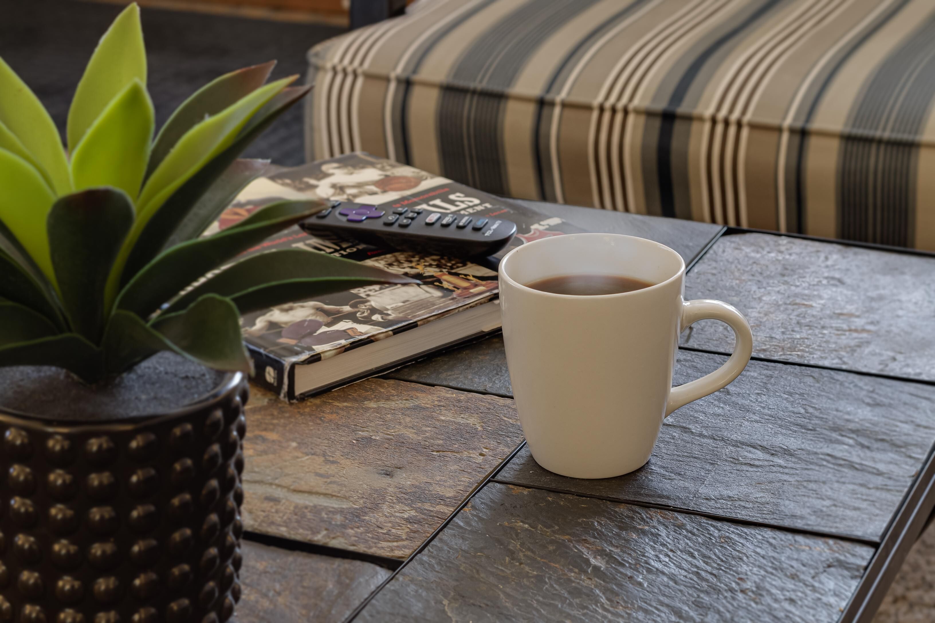 A white mug on a tiled table, a remote control, a magazine, and a potted plant.
