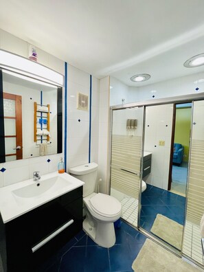 Dusche, Haartrockner, Handtücher, Seife