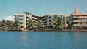 A coastal hotel with multiple floors, palm trees, and a body of water. - Beautiful Condo -Ocean View, Best Location, Pool, A Few Steps to All You Want (Santurce)