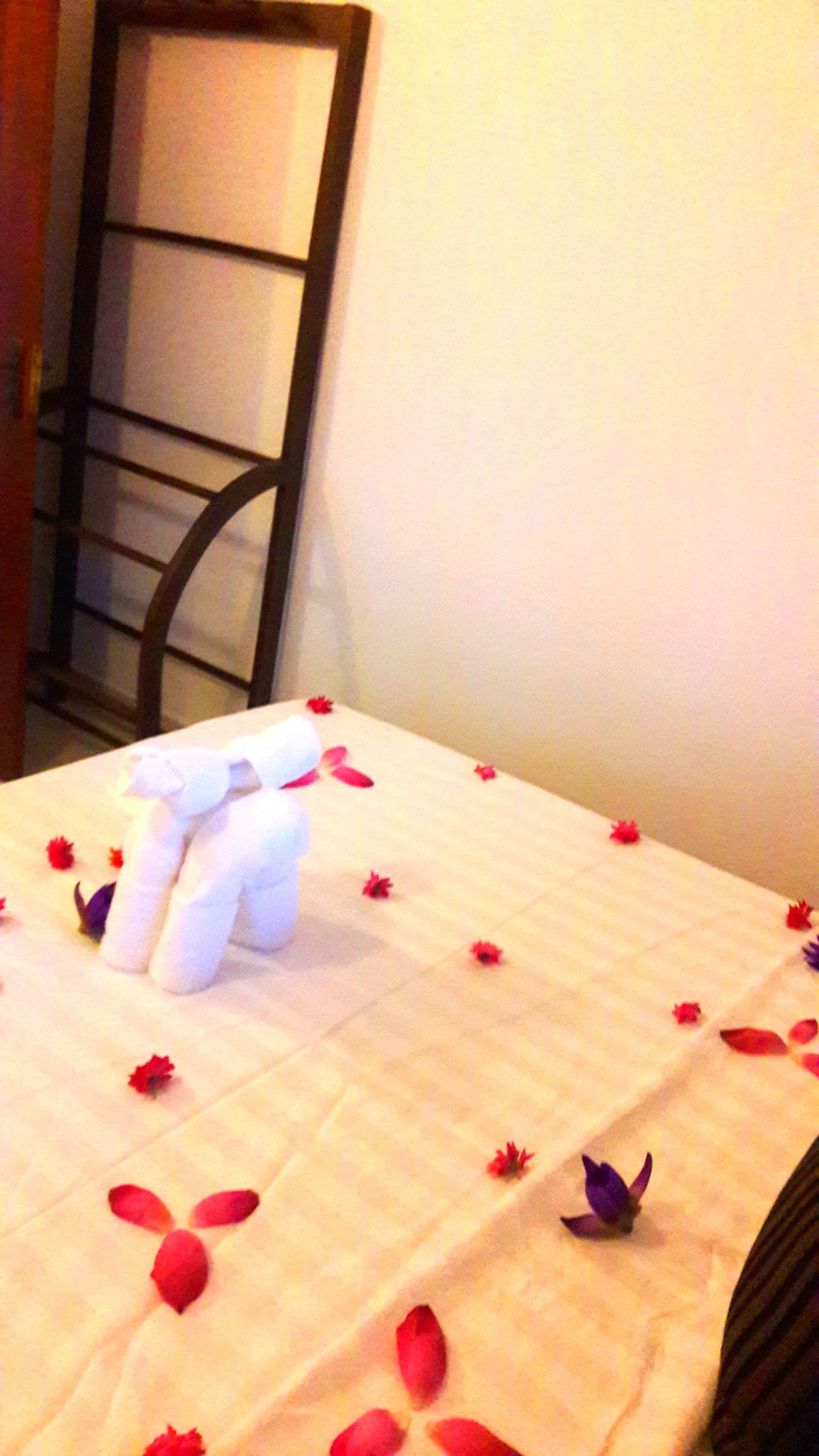 Un lit bien fait, recouvert d’une couverture blanche et parsemé de pétales de fleurs rouges.