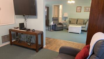 TV, Hulu, DVD player, books