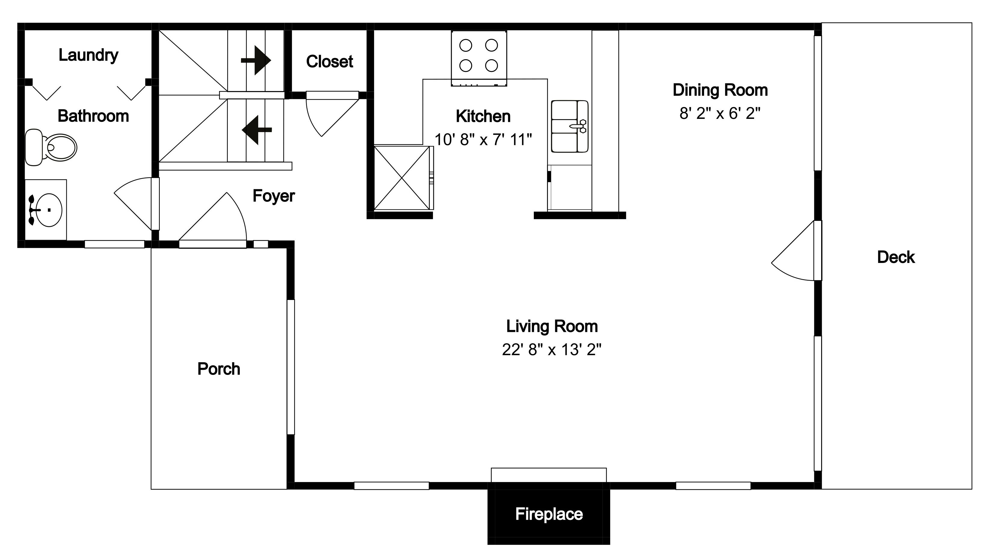 Un plan d’étage comprenant une buanderie, une salle de bain, un hall d’entrée, un placard, une cuisine, une salle à manger, une terrasse, un salon, un porche et une cheminée.