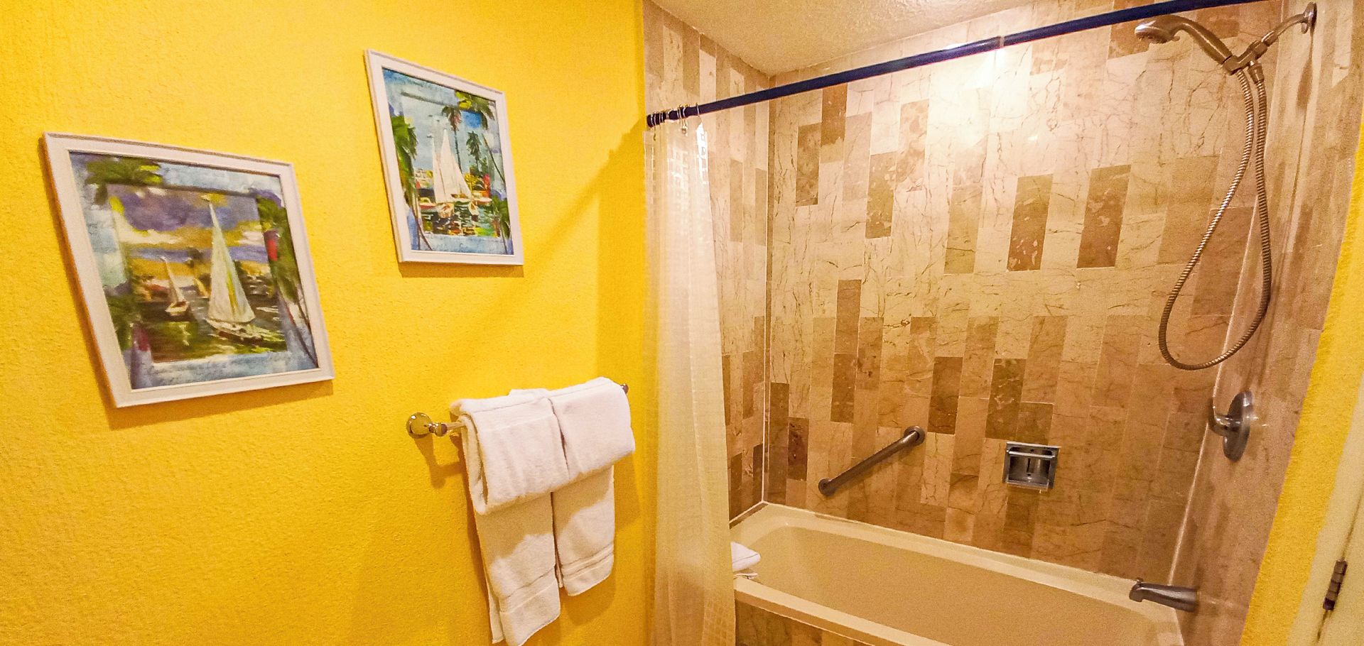 Uma casa de banho com uma banheira, chuveiro e duas pinturas emolduradas na parede.