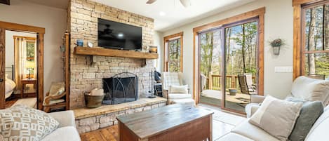 Älytelevisio, takka, DVD-soitin, kirjoja