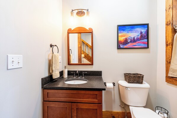 A bathroom with a wooden vanity, a sink, a mirror, a toilet, and a framed painting on the wall.