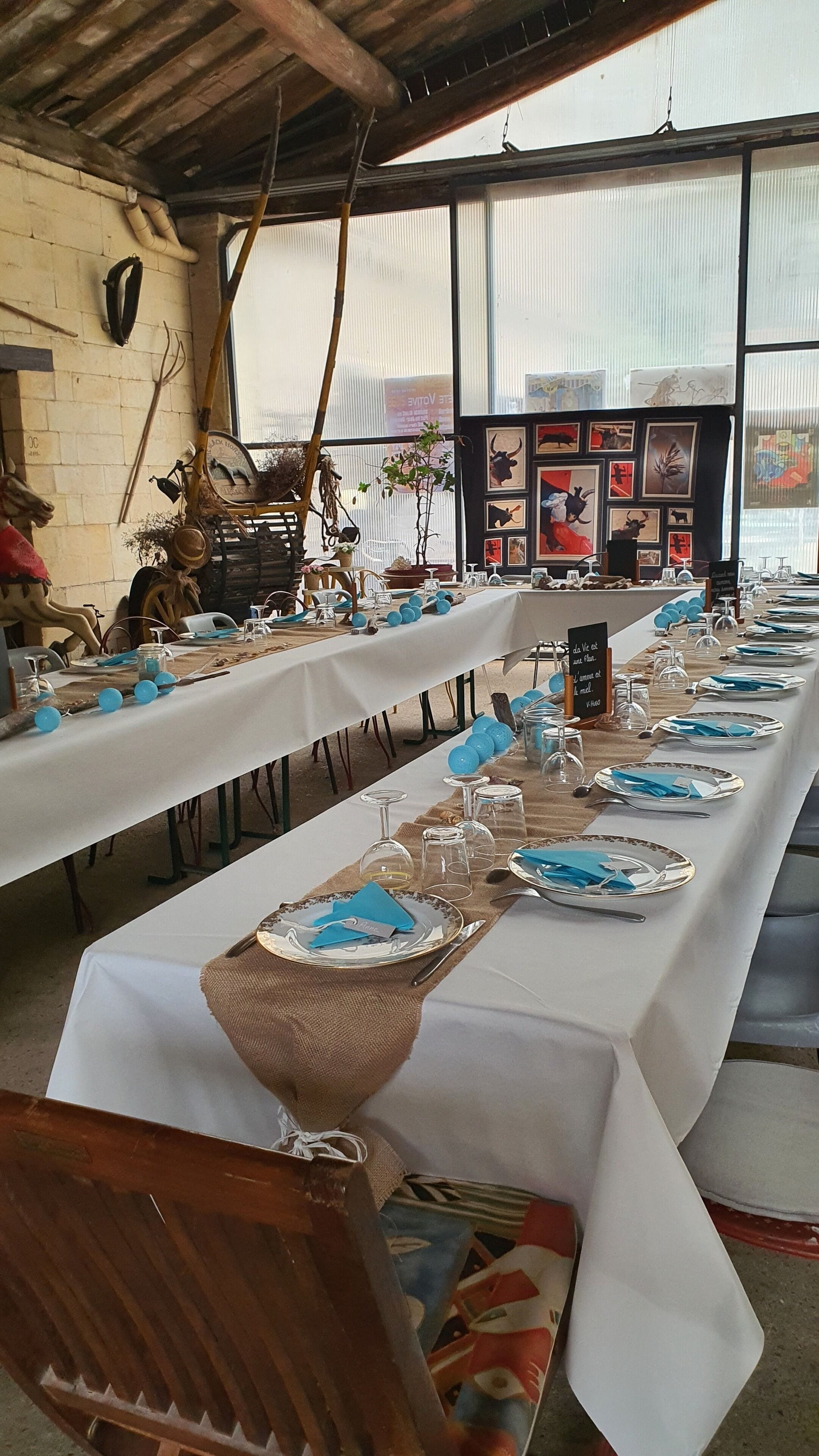 A long banquet table set with blue napkins, plates, and glassware, decorated with balloons and potted plants.