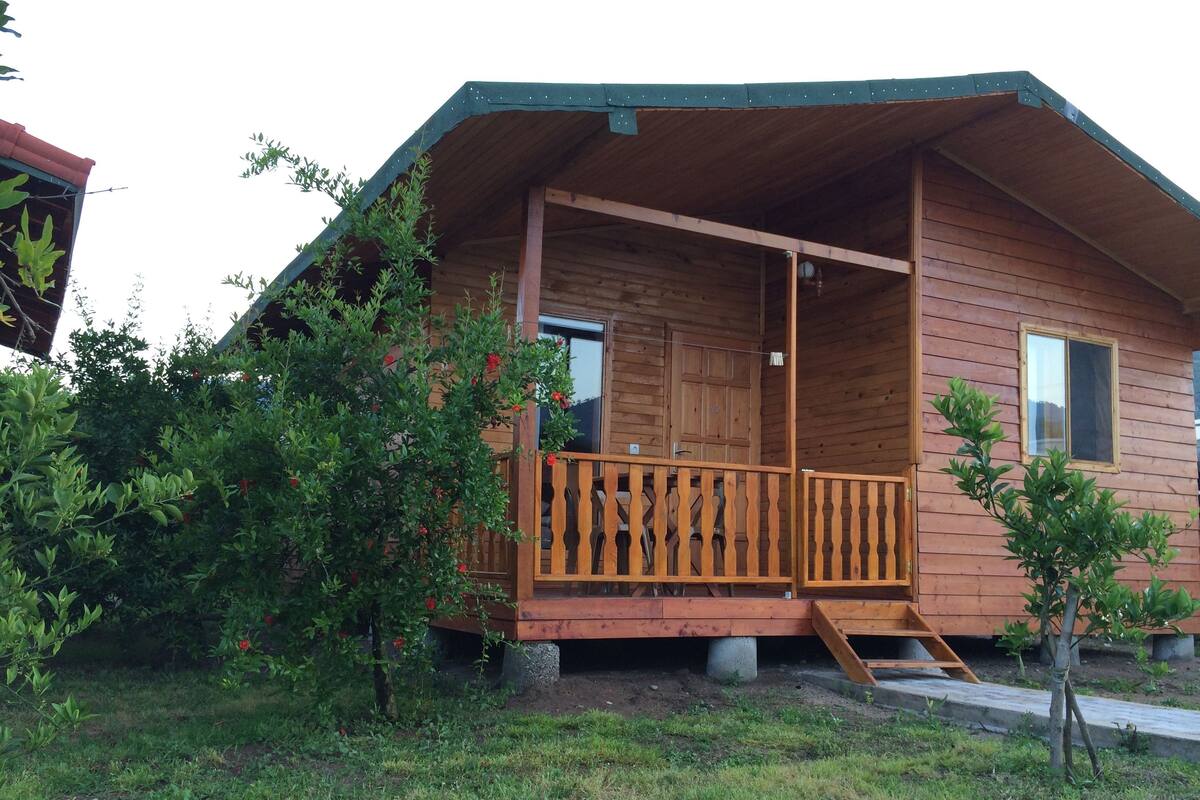 A wooden cabin with a balcony, surrounded by greenery.