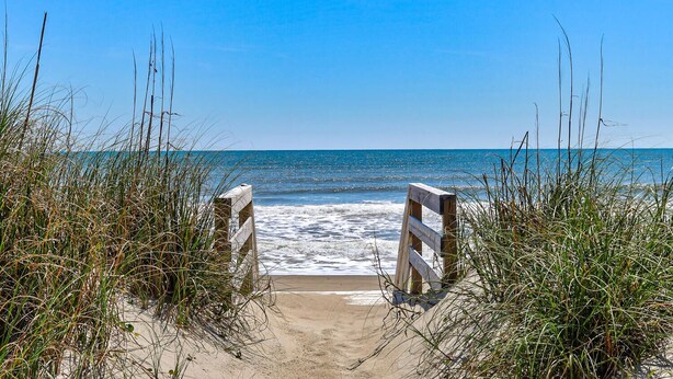 A beach entrance with wooden railings and sand leading to the ocean. - ☀️As Good As It Gets-Oceanfront Home w/Private Pool☀️ (Kure Beach)