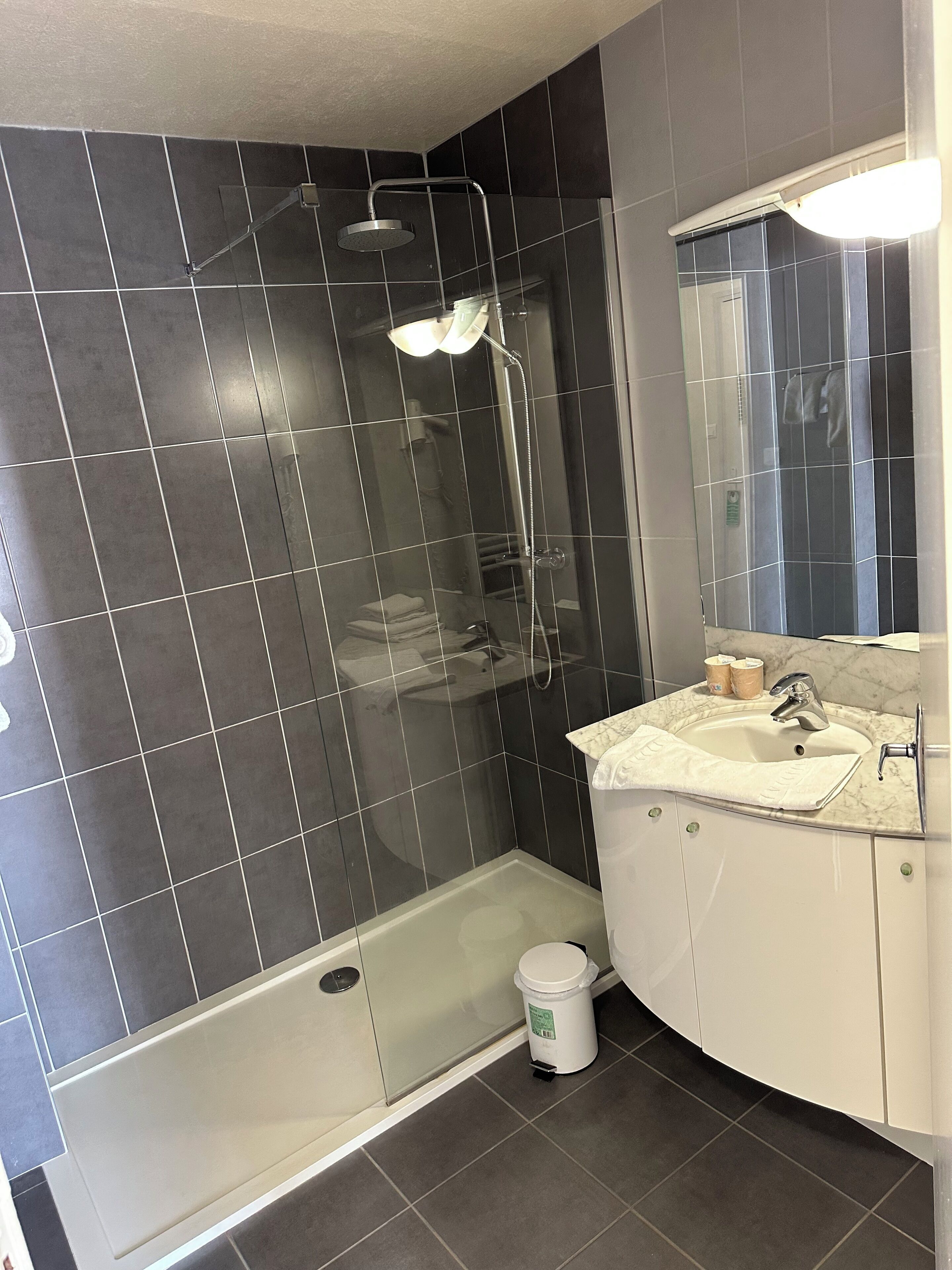 Un bagno con doccia vetrata, un lavandino bianco con specchio sopra e un WC bianco.
