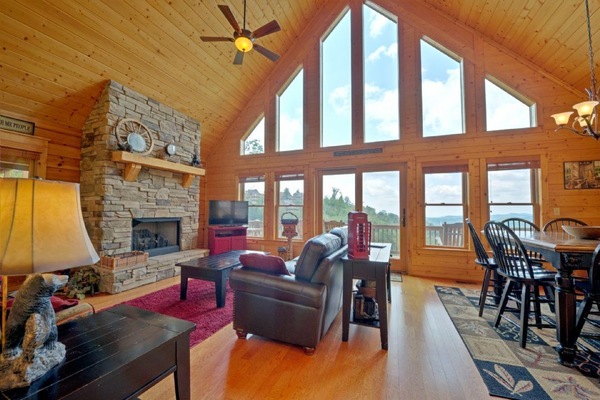 TV, fireplace, books, stereo