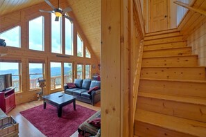 TV, fireplace, books, stereo