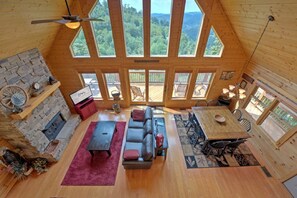 TV, fireplace, books, stereo